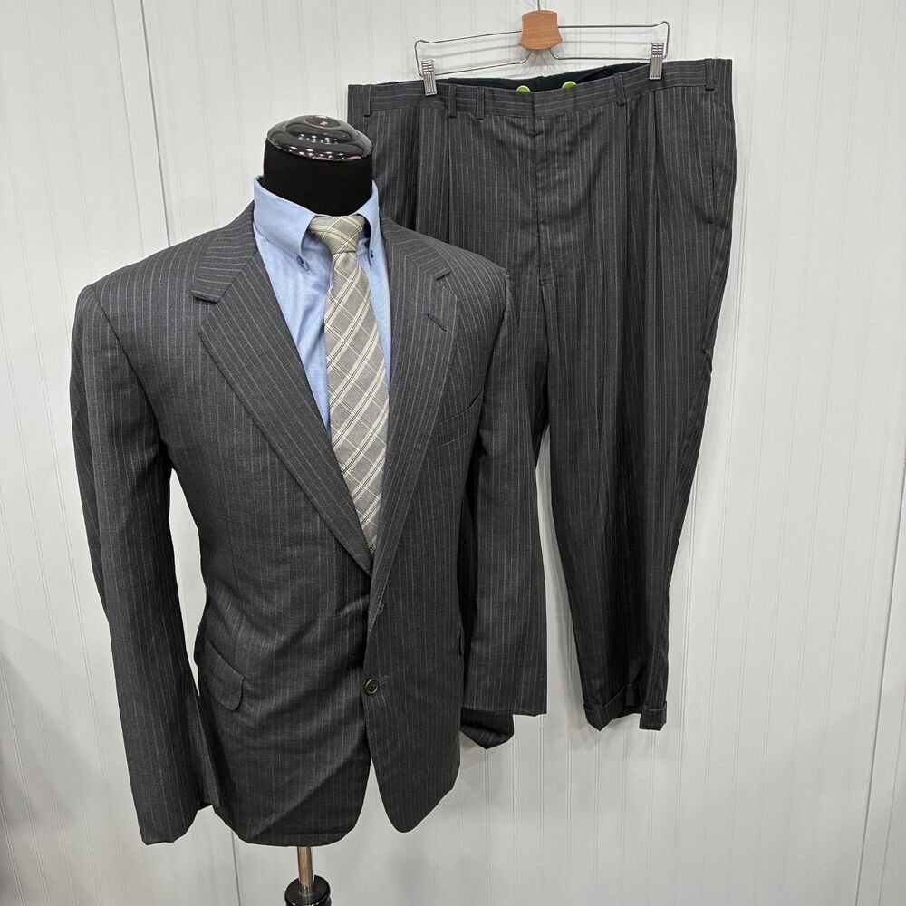 Oxxford Clothes Norton Ditto Super 120’s Wool Suit Pinstripe Charcoal 48R 44W